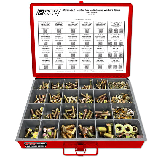 SAE Grade 8 Coarse Thread Hex Bolt, Nut & Washer Assortment - 595 Piece